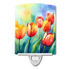 NEW Tulips in Watercolor Ceramic Night Light Compact, UL-Certified, Ideal for Bedroom, Bathroom, Nursery, Hallway, Kitchen, 6x4x3, Multicolor (Default: Default)