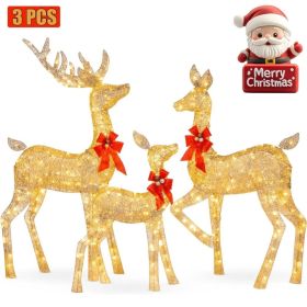 5ft 3-Piece Lighted Christmas Deer Family Set, Large Outdoor Yard Reindeer Holiday Decoration,Lighted Deer Set for Indoor Decor (Main Material: Iron, Main Color: Golden)